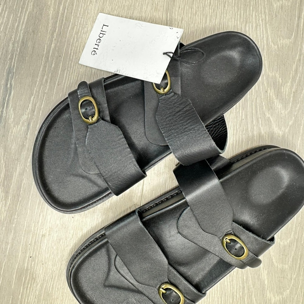 Liberte Leather Buckle Slide Sandals Women 39 Black Casual Minimalist Handmade